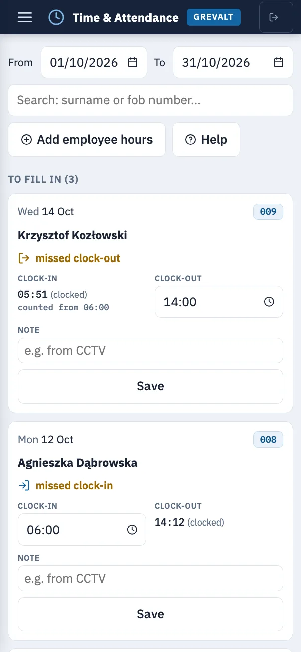 Missed clock-ins on a phone: tiles with the day, the employee, the missing time and a Save button