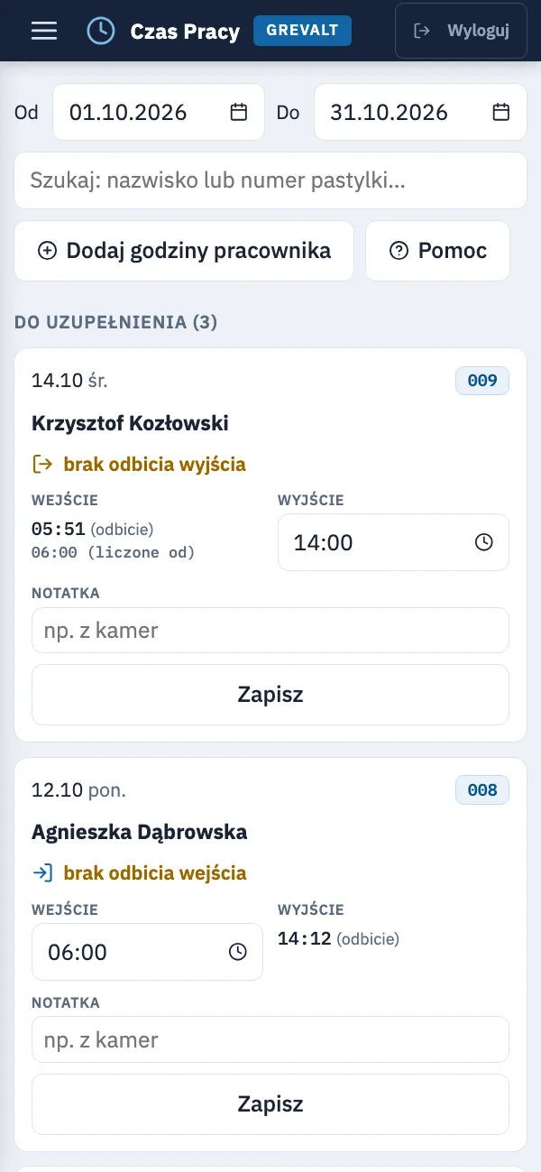 Braki odbić na telefonie: kafle z dniem, pracownikiem, brakującą godziną i przyciskiem Zapisz