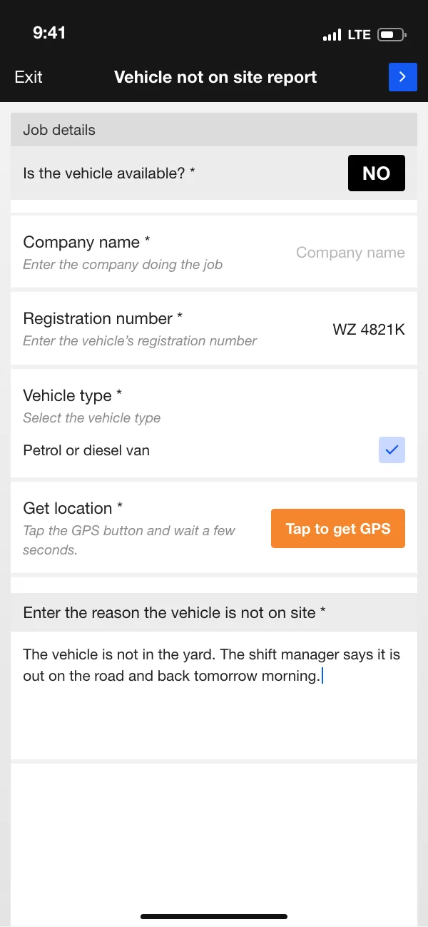 ETASK App: ‘vehicle not on site’ report with a button to capture the GPS location