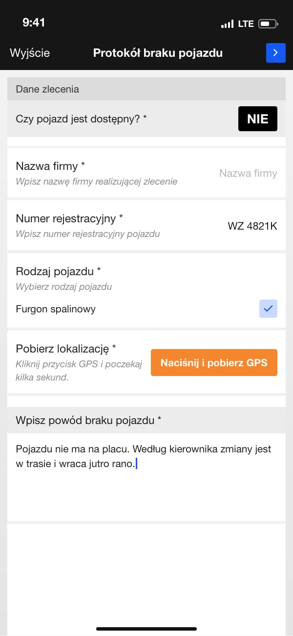 ETASK App: protokół braku pojazdu z pobraniem lokalizacji GPS
