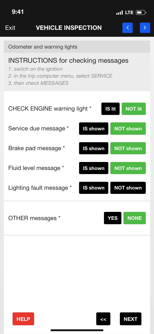 ETASK App: checklist of vehicle warning lights and dashboard messages