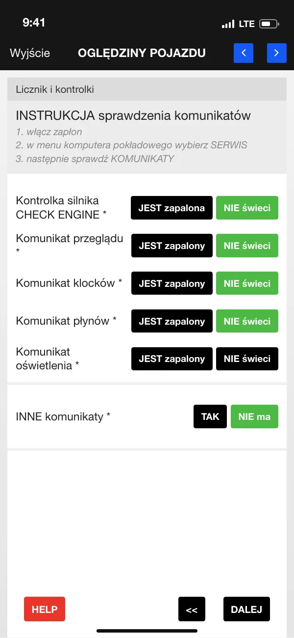 ETASK App: lista kontrolna kontrolek i komunikatów pojazdu