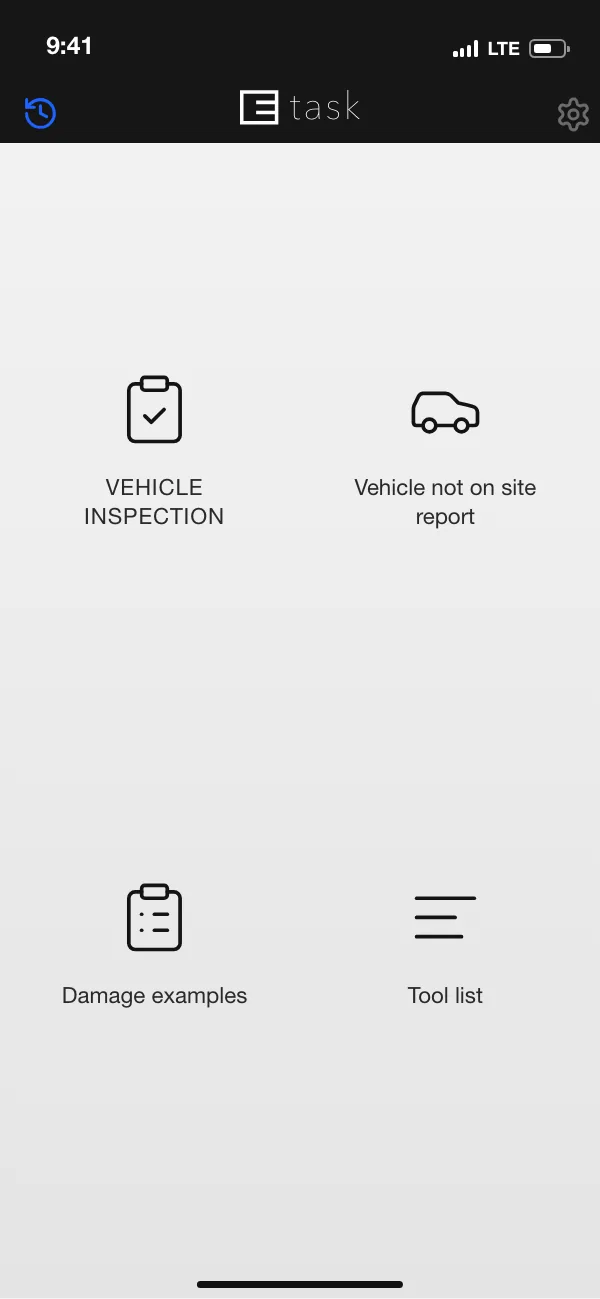 ETASK App: start screen listing the report types