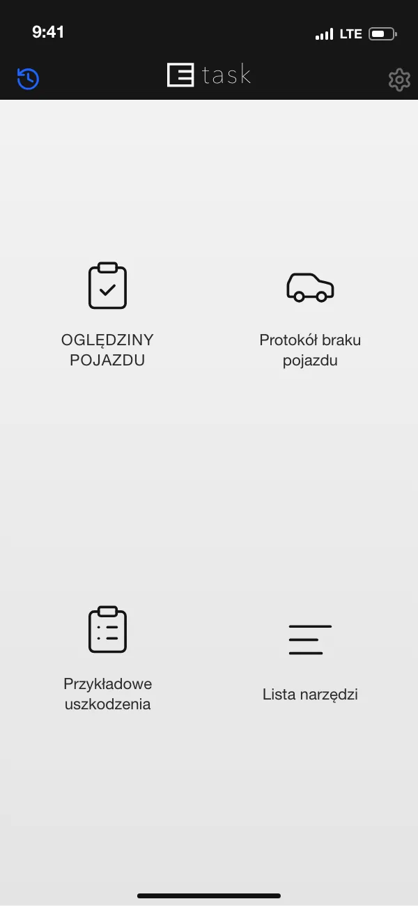 ETASK App: ekran startowy z rodzajami protokołów