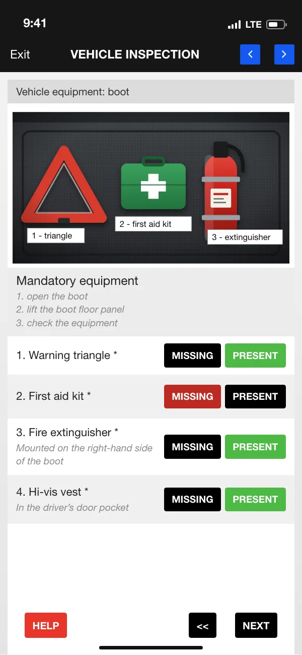 ETASK App: report item with a reference photo of the vehicle’s equipment and the answers PRESENT or MISSING
