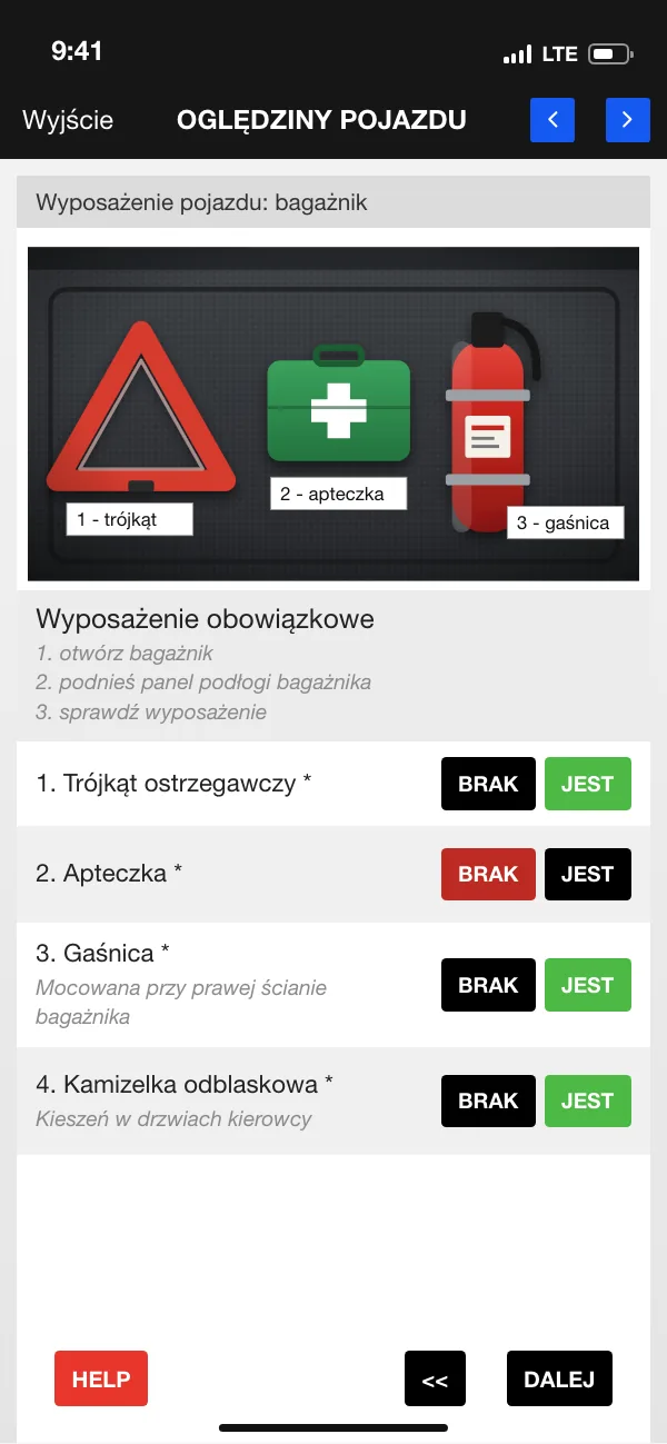 ETASK App: punkt protokołu ze zdjęciem wzorcowym wyposażenia pojazdu i odpowiedziami JEST albo BRAK