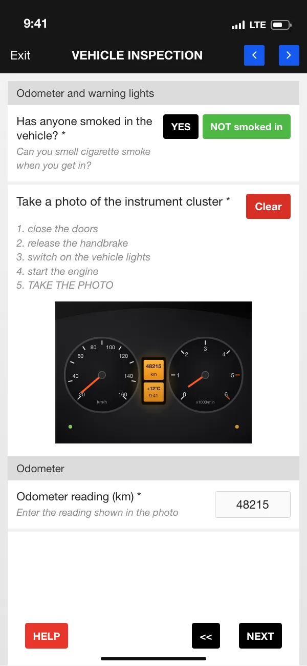 ETASK App: report item with a photo of the vehicle’s instrument cluster