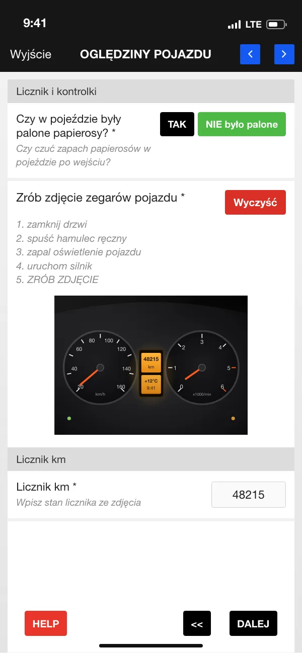 ETASK App: punkt protokołu ze zdjęciem zegarów pojazdu