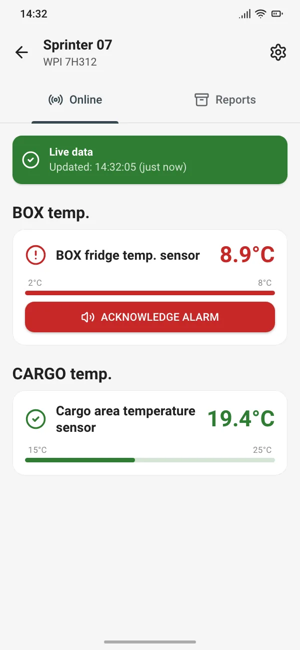 GPS Temp, Online view: fridge temperature above the threshold, shown on a red card with a button to acknowledge the alarm; cargo area within range