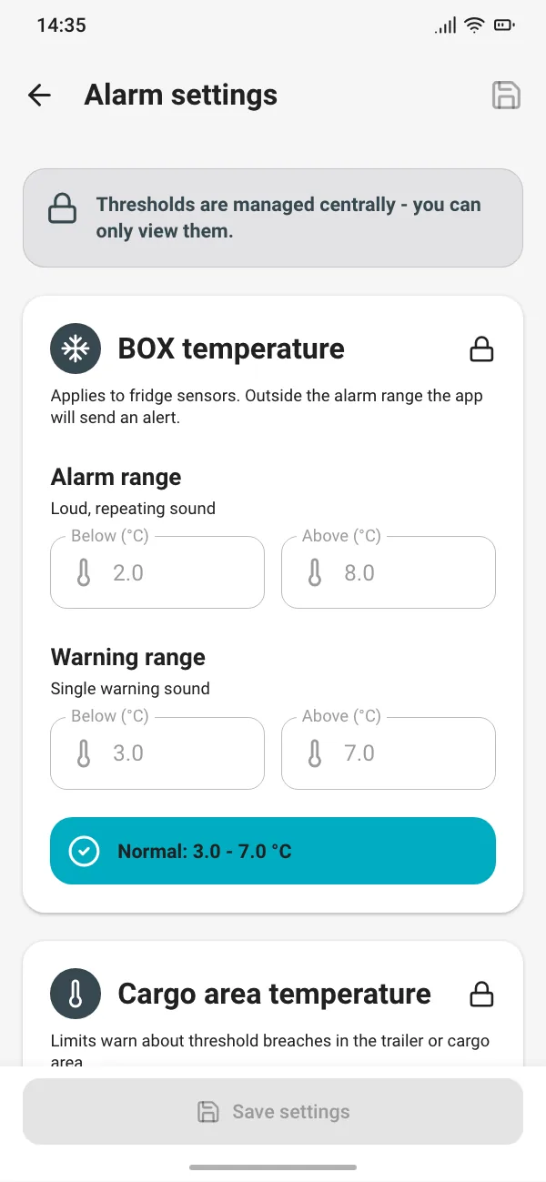 GPS Temp alarm settings: thresholds locked centrally, with an alarm range of 2 to 8 °C and a warning range of 3 to 7 °C for the fridge