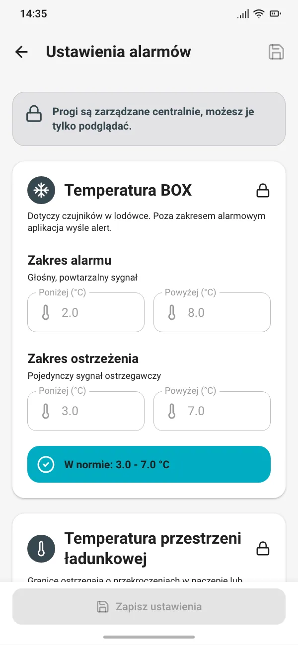 GPS Temp, ustawienia alarmów: progi zablokowane centralnie, zakres alarmu 2 do 8 °C i zakres ostrzeżenia 3 do 7 °C dla lodówki