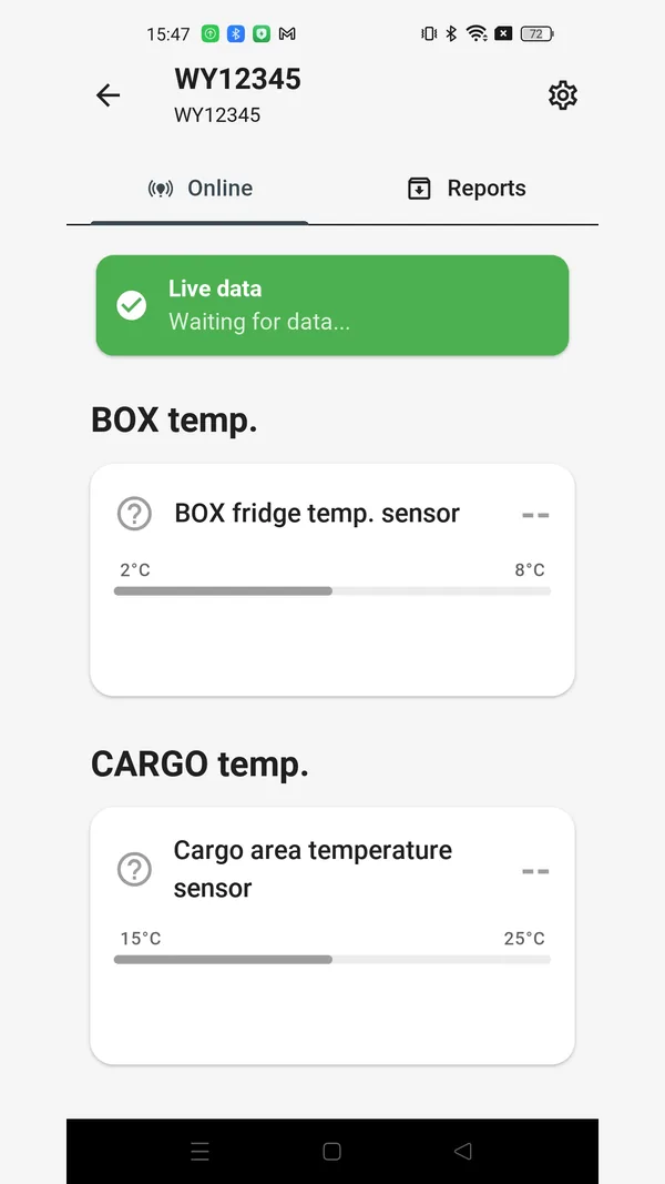 GPS Temp: Online tab with live data status and temperature cards for the fridge (BOX) and the cargo area