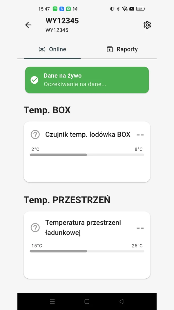 GPS Temp: zakładka Online z kartami temperatury lodówki i przestrzeni ładunkowej