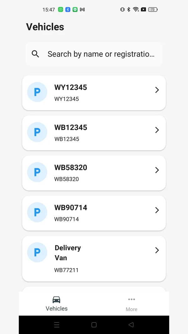 GPS Temp: vehicle list with a search box for name or registration