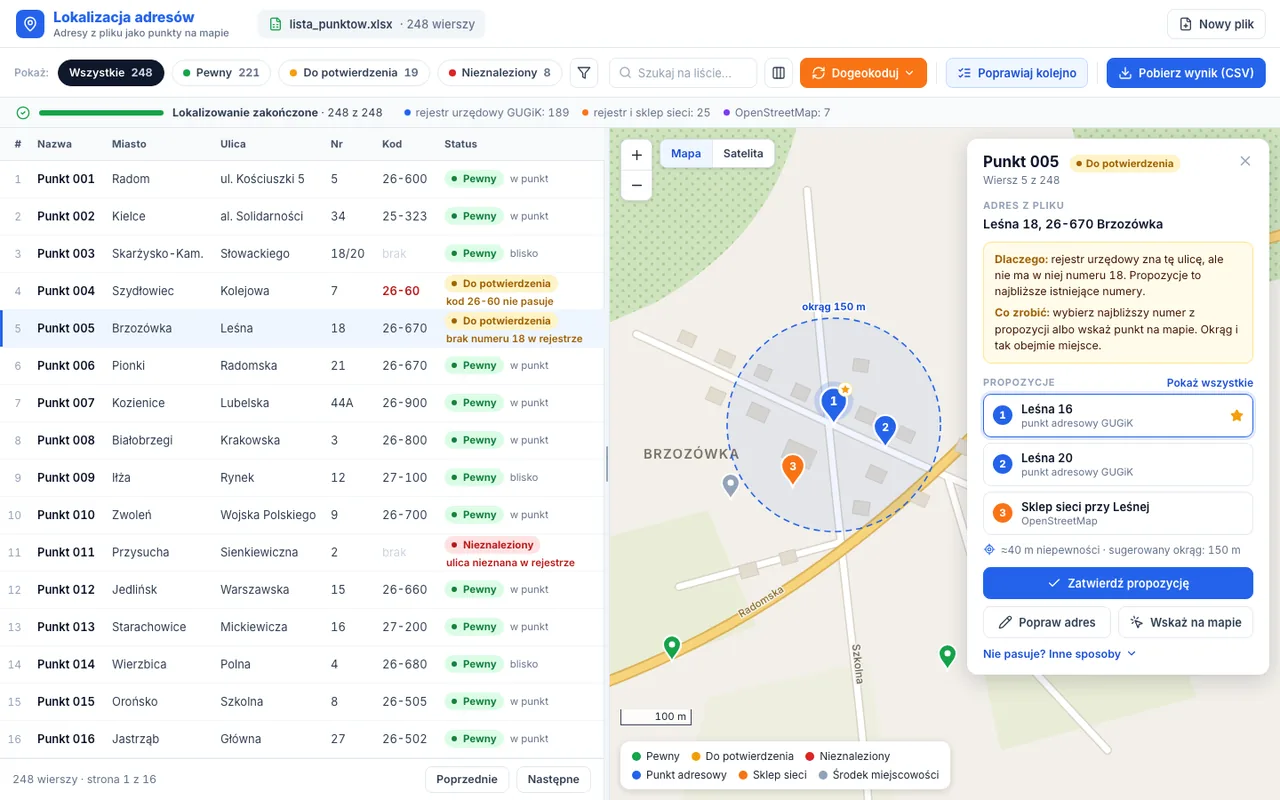 Address geocoding: list of addresses with statuses and a map with suggested points
