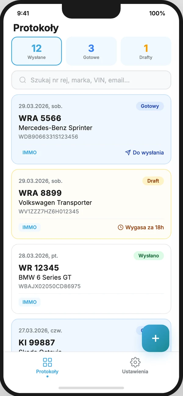 Lista protokołów w aplikacji: wysłane, gotowe do wysłania i robocze