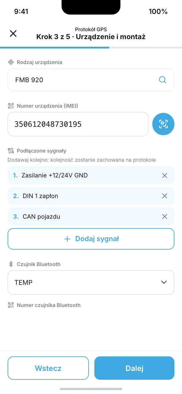 Protokół GPS, krok „Urządzenie i montaż”: model urządzenia, IMEI ze skanu, podłączone sygnały