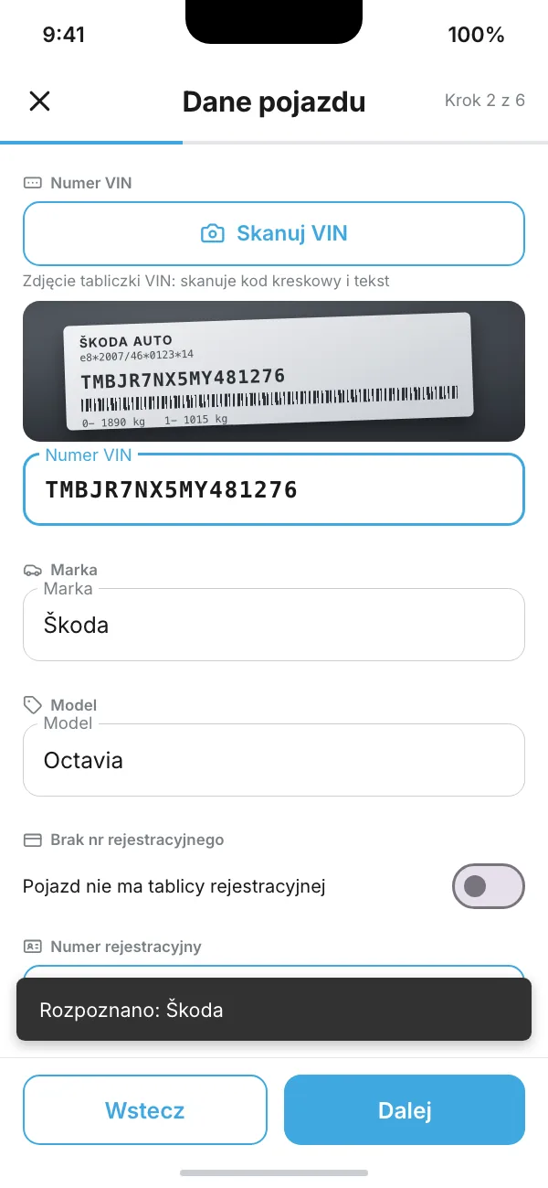 Krok „Dane pojazdu”: VIN odczytany z tabliczki, marka i model uzupełnione po numerze VIN