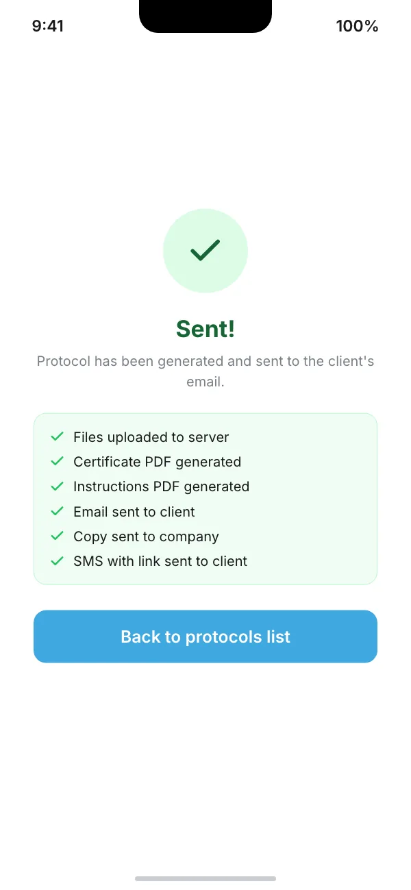 Screen after a report is sent: files uploaded, PDFs generated, email and text message sent