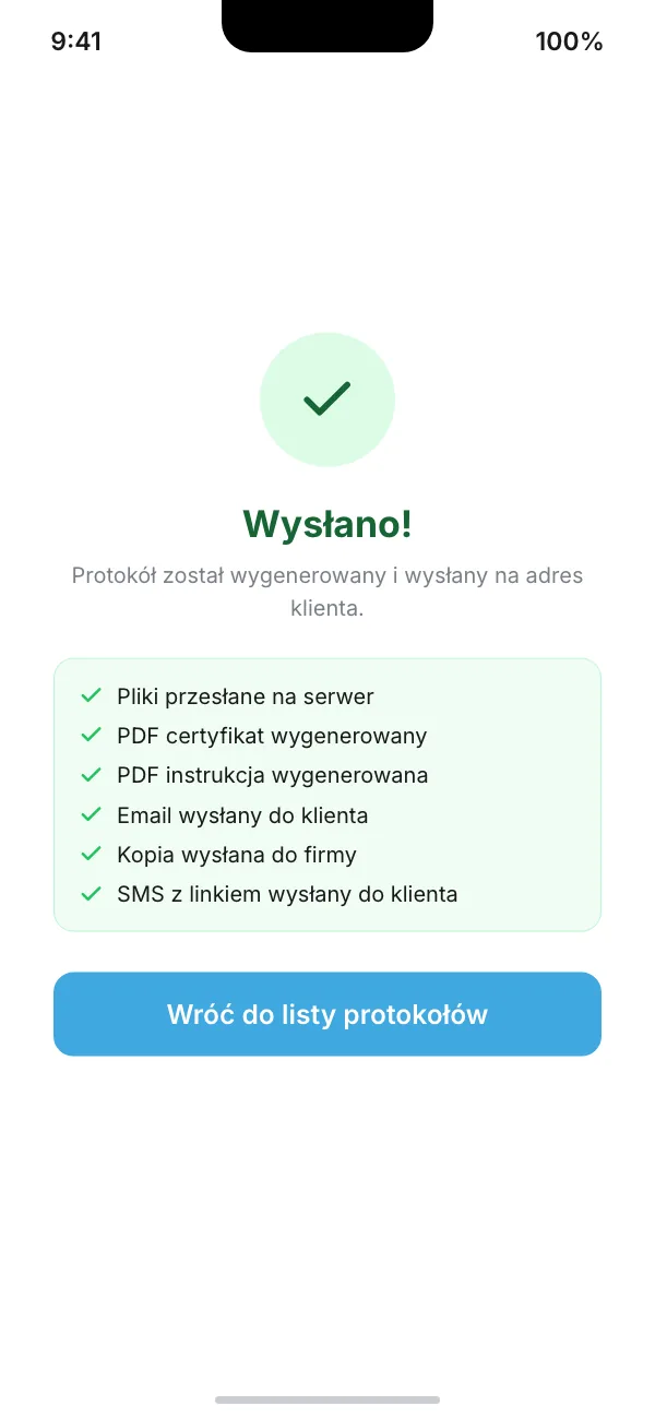 Ekran po wysłaniu protokołu: pliki przesłane, PDF wygenerowane, e-mail i SMS wysłane