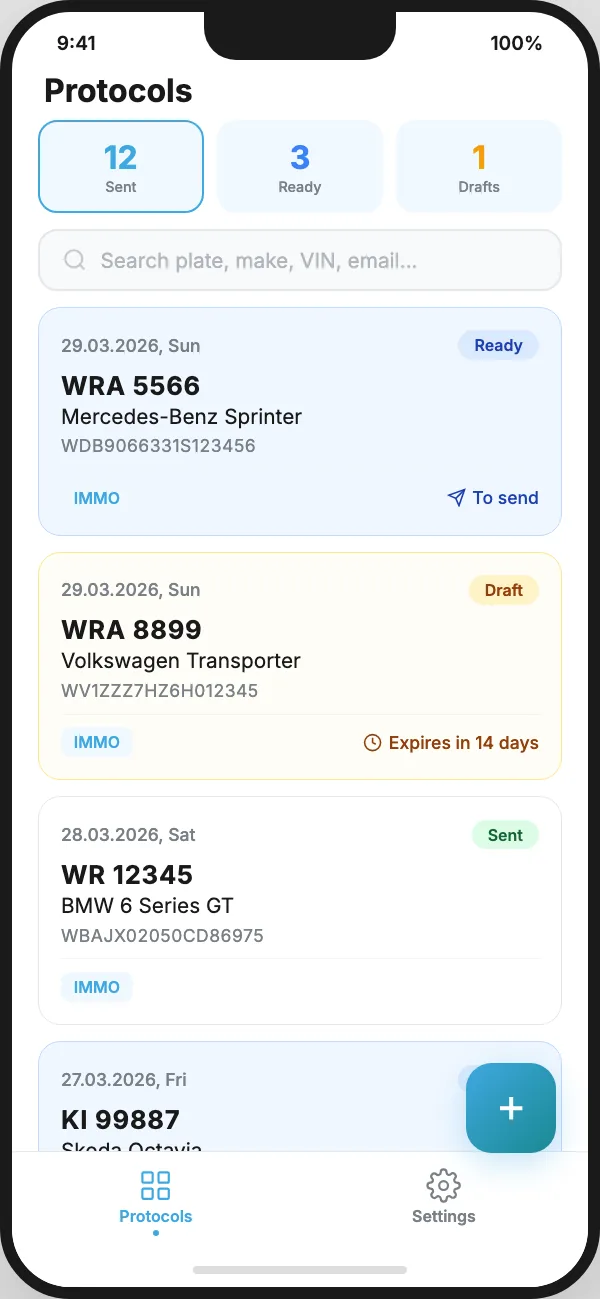 Report list in the app: sent, ready to send and drafts