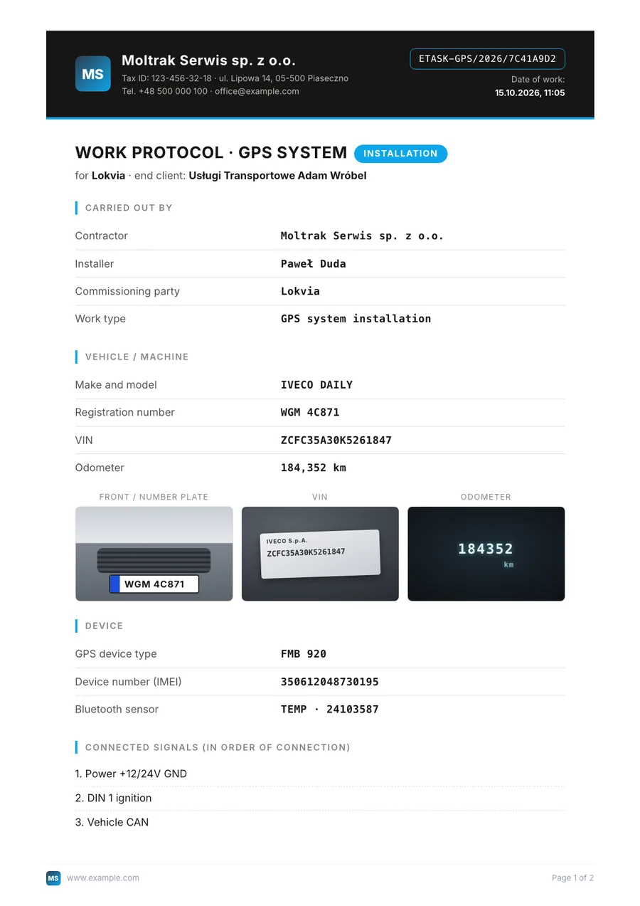 First page of a GPS report PDF: issuer, reference number, vehicle, photos, device and connected signals