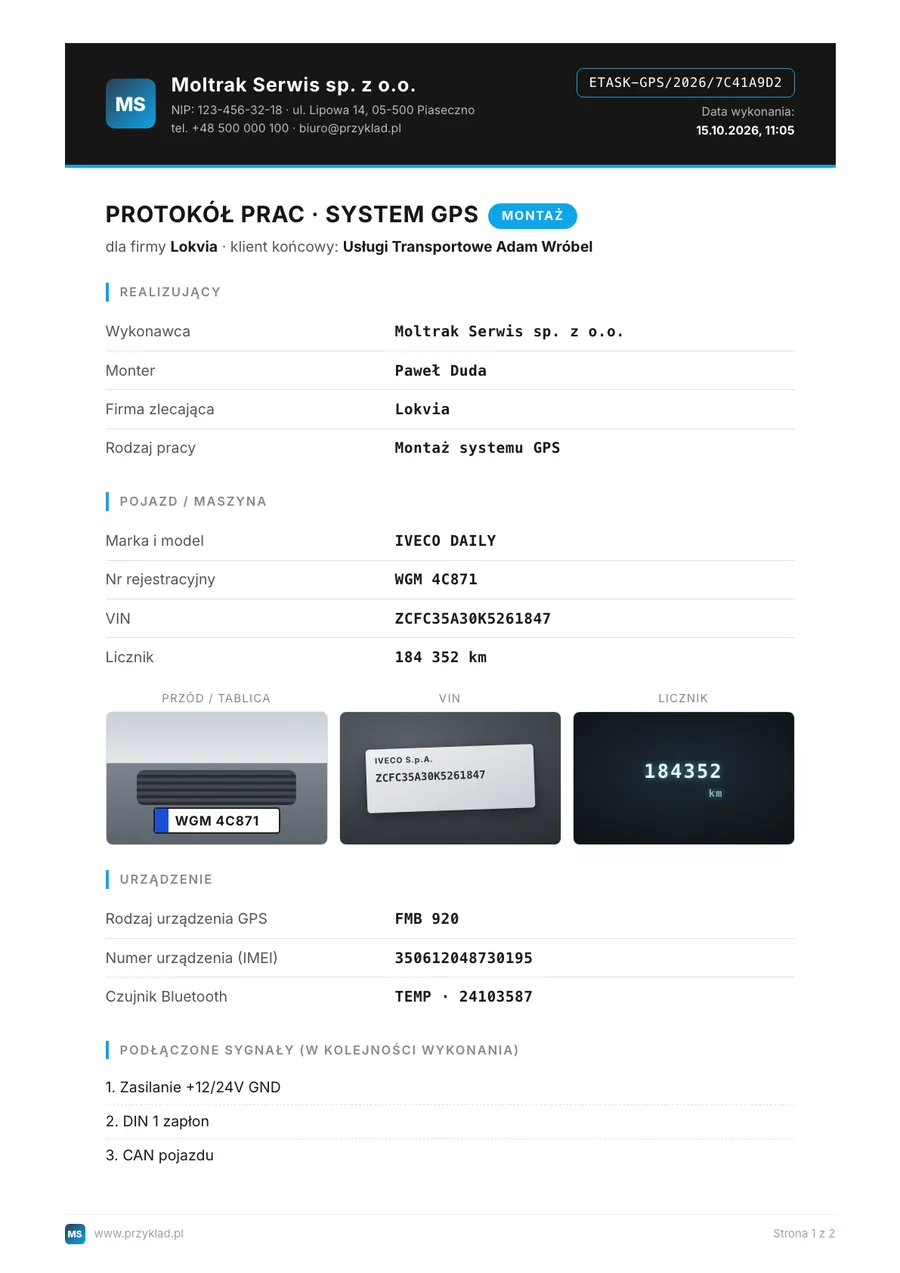Pierwsza strona protokołu GPS w PDF: wystawca, numer referencyjny, pojazd, zdjęcia, urządzenie i podłączone sygnały
