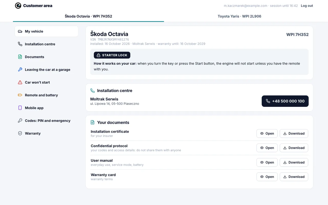 Customer portal: vehicle, lock type, installation centre and documents to download