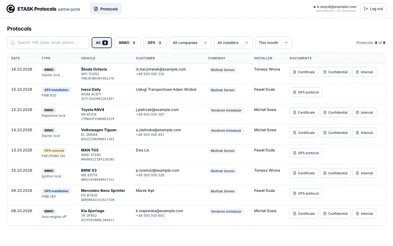 Partner portal: list of IMMO and GPS reports with filters and downloadable documents