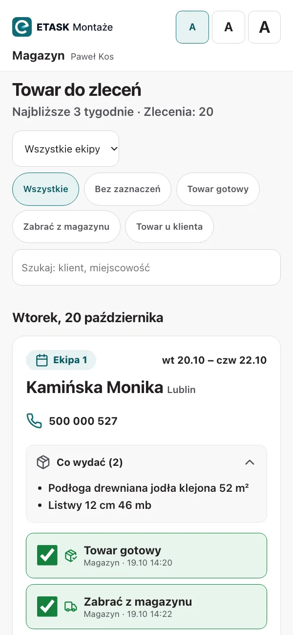 Telefon magazynu: zlecenia dnia z ekipą i terminem, lista towaru do wydania i etapy towaru