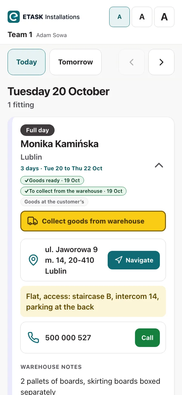 Fitting team’s phone: today’s fitting with the address, the customer’s phone number and a reminder about the goods