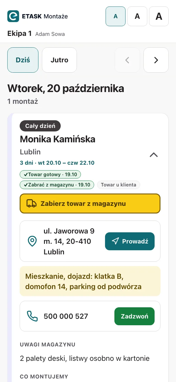 Telefon ekipy: montaż na dziś z adresem, telefonem do klienta i przypomnieniem o towarze