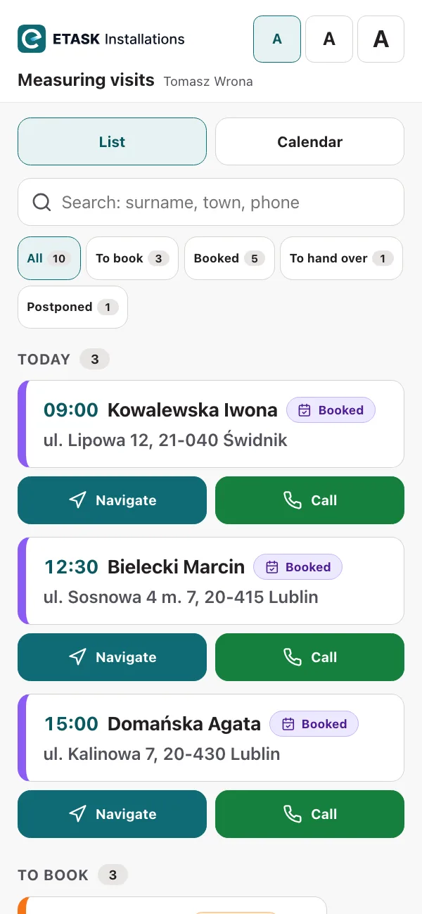Measurer’s phone: today’s booked measuring visits with times, and Navigate and Call buttons