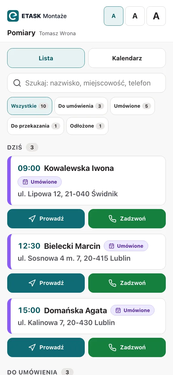 Telefon mierzącego: pomiary umówione na dziś z godziną, przyciski Prowadź i Zadzwoń