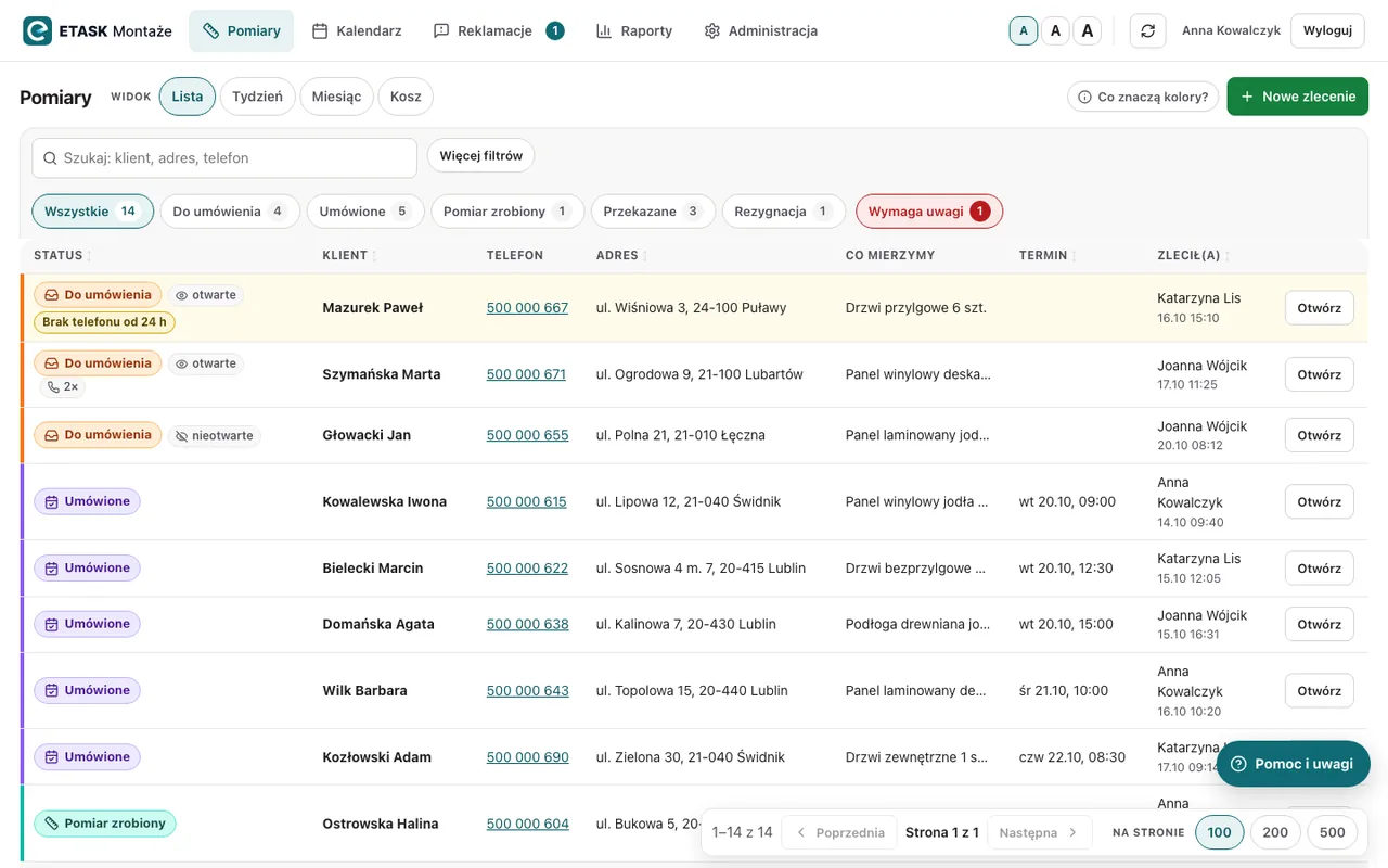 Portal, Pomiary: lista zleceń z kolorowymi statusami, filtrami i oznaczeniem Wymaga uwagi